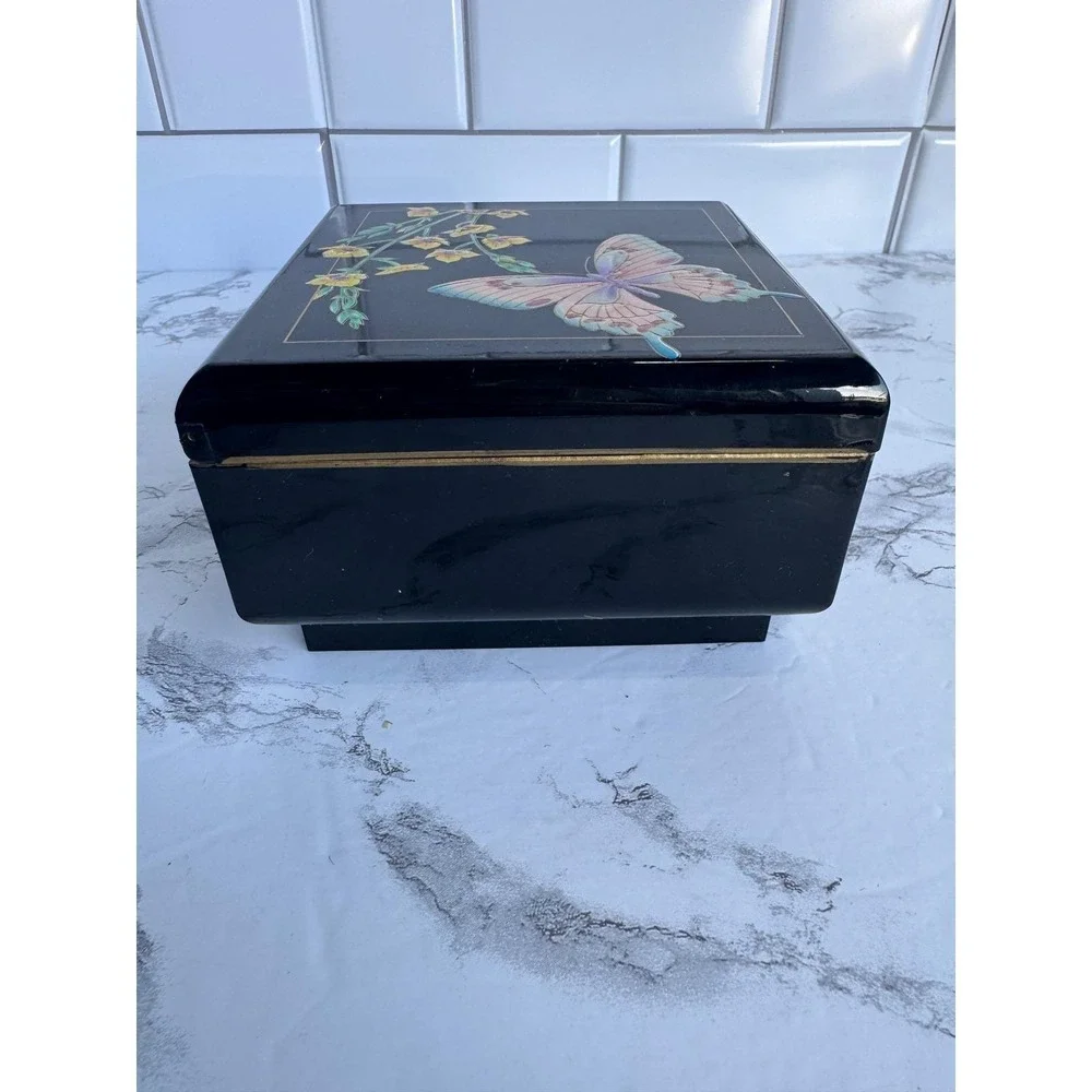 San Francisco Music Box Company Black Butterfly Floral Lacquer Jewelry Box